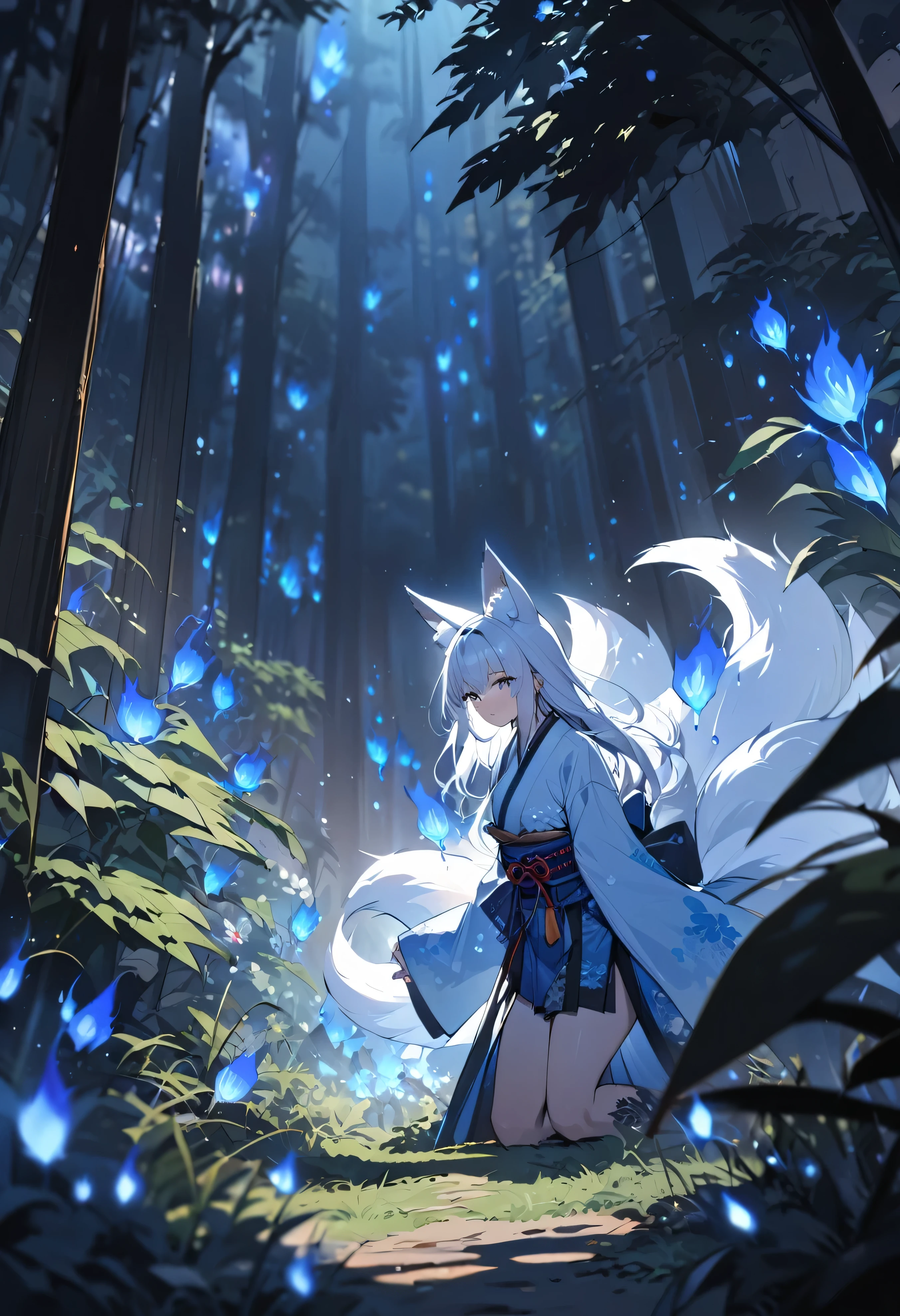 Masterpiece, Extremely detailed, beautiful, perfect face e, close distance shot, (A beautiful kitsune woman peering through the leaves in a dense forest) , {she is surrounded by motes of blue fire}, facing viewer, (dynamic pose) , fox ears, nine fox tails, traditional Japanese clothing. Japanese sandels, ((vegetation in the forground, dew, subject partially obscured by vegetation)) , ((moonlit night))