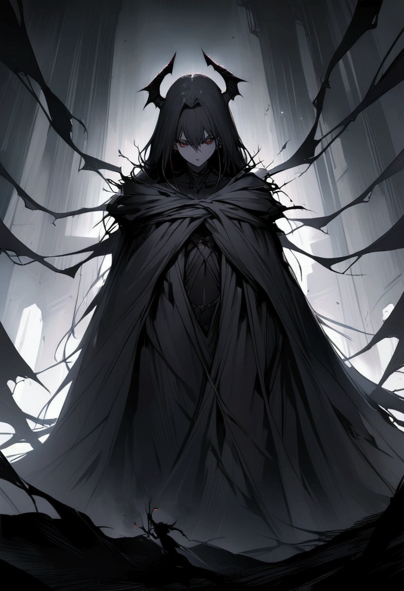 a female demon wrapped in a black cloak of darkness 