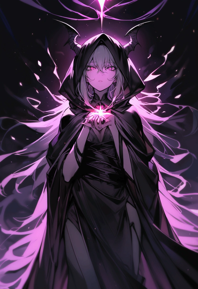 a female demon wrapped in a black cloak of darkness
