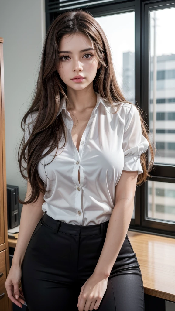 Create a woman named Júlia, brunette with long hair, defined muscles, blouse pants, High quality realistic image very realistic face ,in not very muscular clothes and muscles, in an office, name on panther calisthenics blouse that suits a woman, Brazilian woman personality.