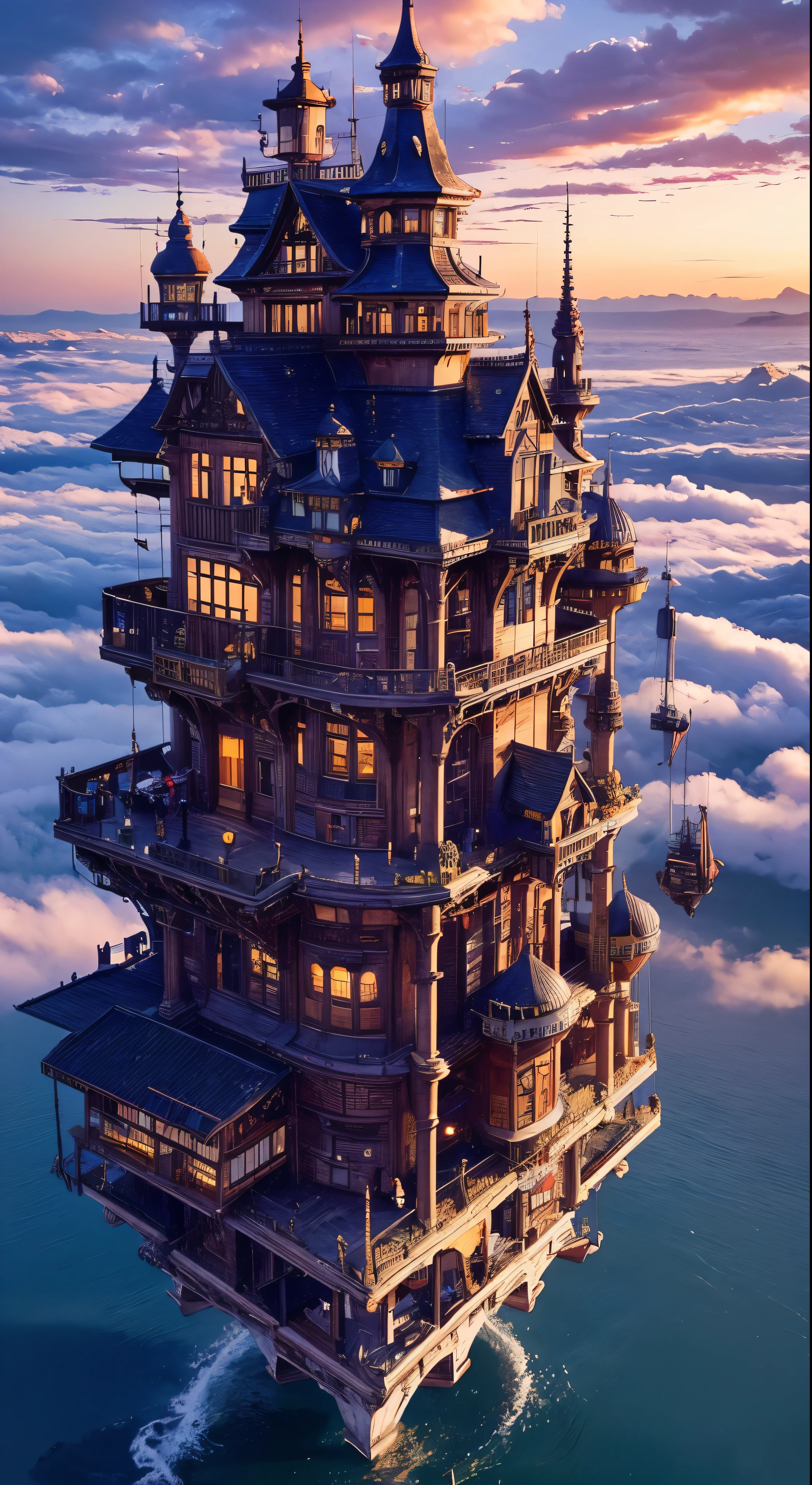 super detail, high details, high quality, 8k, Miyazaki style, a steampunk-style city floating in the sky, clouds and diverse architecture, exuding mystery and technology --v 6