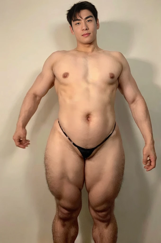 1 handsome Japanese guy,27years old,justice majesty,tall,look good,hairy bodies,with fair skin,黑The eye(thin eyes 1:3),fully lengthshot(fls), nsfw , eroticism ,micro string thong , smirk , nude , naked , (((unrealistic wide hips , unrealistic wide pelvis , plump hips))) , stiff nipples , narrow waist , nice body