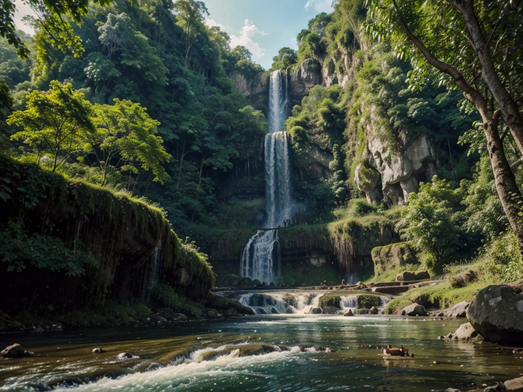 nature painting high waterfall and river flows with jungle surround, add deer drinking on river and bird flying over river, best quality 4k detailed color, wonderful nature painting fan art, full of color and rich of detail, masterpiece nature waterfall landscaping painting