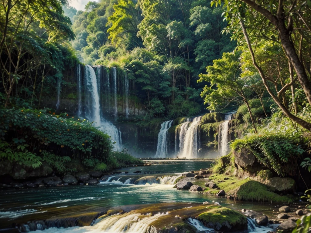 nature painting high waterfall and river flows with jungle surround, add deer drinking on river and bird flying over river, best quality 4k detailed color, wonderful nature painting fan art, full of color and rich of detail, masterpiece nature waterfall landscaping painting