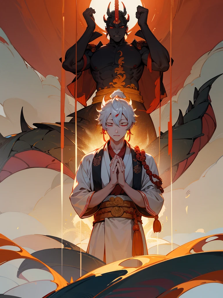 Dragon God Kannon Bodhisattva,Burning eyes, Horn, White shorthair, Black Armor, torii, male, Actor Shaka, Praying with hands together, Zazen, Silver Dragon, Aiphone, Lotus Field, pure land, Fusion of Shinto and Buddhism