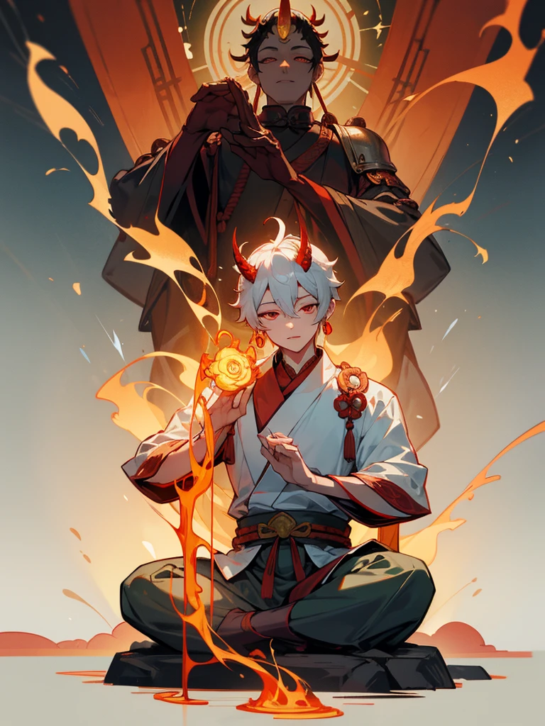 Dragon God Kannon Bodhisattva,Burning eyes, Horn, White shorthair, Black Armor, torii, male, Actor Shaka, Praying with hands together, Zazen, Silver Dragon, Aiphone, Lotus Field, pure land, Fusion of Shinto and Buddhism