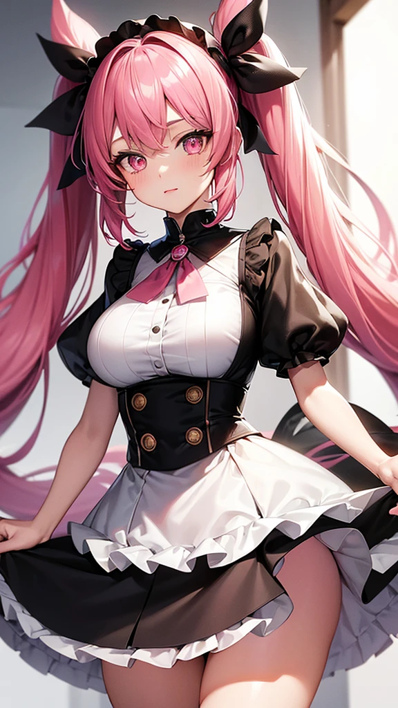(Highest quality,high resolution,Ultra-detailed,girl),black tights,Pink Hair,Height: 160cm,cute,Pink Eyes,Twin tails,Big Breasts,Wearing a pink skirt,Her eyes are white and shining,Has bright white eyes,Looking at me with a bright face,