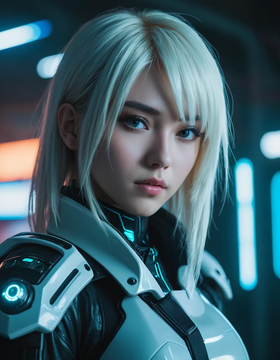 (masterpiece:1.7, best quality, ultra detailed, moonlight lights ratio, ultra realistic:1.3), Cinematic lighting:0.7, a close-up of a person with long hair and a gun, cyberpunk anime girl, on cyberpunk style, anime ciberpunk art, anime ciberpunk, female cyberpunk anime girl, anime style mixed with fujifilm, Cosplay de Hatsune Miku, digital cyberpunk - anime art, cyberpunk photo, visual ciberpunk, cyberpunk girl, digital cyberpunk anime art, dreamy cyberpunk girl, modern cyberpunk anime, cyberpunk anime art shiny skin:1.0, thin, sharp focus on rare face:1.0, perfect eyes:1.5, photorealistic:1.2, film grain, looking at camera:1.0, emphasize shoulders, foggy, misty, noir portrait:1.3, volumetric dust, key light, ray tracing, film grain ISO 800, 16 mm lens, RAW f1.8 aperture, analog photography, HDR colors, (bioluminescent flora:1.3), gothic interior:1.0, (messy bob hairstyle, white blond hair color)