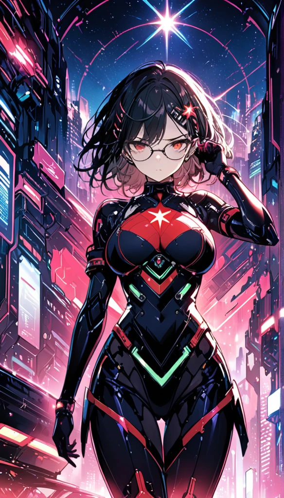 highest quality ,masterpiece, shape, Very delicate and beautiful, Very detailed ,CG ,Unity ,8k wallpaper, wonderful, finely, masterpiece,highest quality,Official Art,Very detailed CG Unity 8k wallpaper,Confused, incredibly Confused, Very detailed, High resolution, Very detailed,Beautiful detailed girl,The light shines on your face, 1 girl, red and black Mecha, armor black, Mechanical_body, Black Hair, Spaceship, city, cyber punk, red star, serious eyes, big tits, glasses, big ass