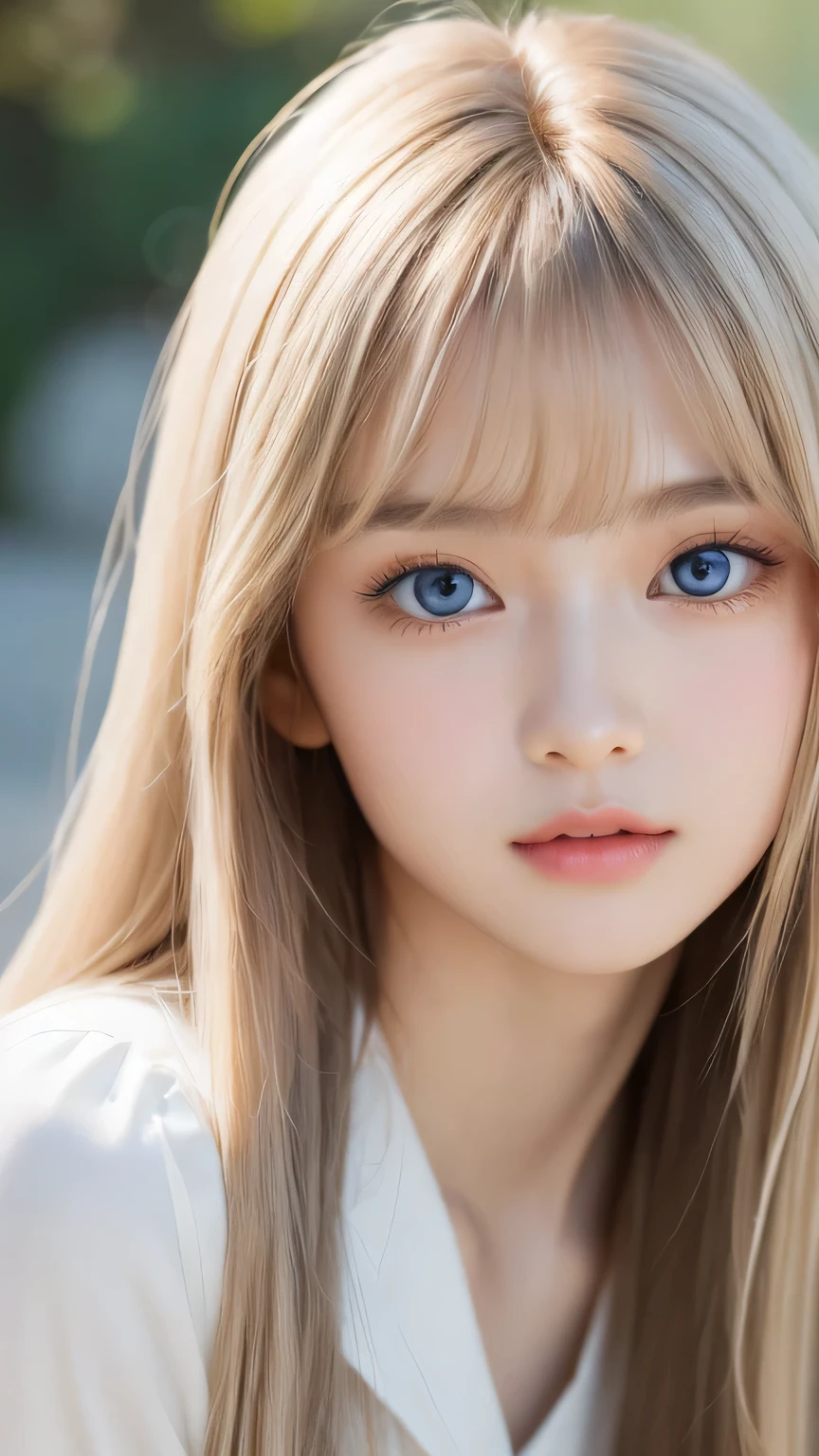 (Close-up:1.4)、(RAW shooting:1.2)、(Photorealistic:1.4)、(masterpiece:1.3)、(Highest quality:1.4)、Bright expression、Very cute beautiful girl、An exceptionally beautiful girl、Cute and beautiful face details、Beautiful Bangs、Radiant, fair, glowing skin、Facial hair、Bangs that reach the face、Bangs between the eyes、Super long hair、Super long, straight, silky hair with a striking platinum blonde hue、Thin Hair、Attractive, shining, beautiful, bright, clear, white-light blue, large eyes、one piece、eyeliner、double eyelid、Ample Bust、Upper Body、