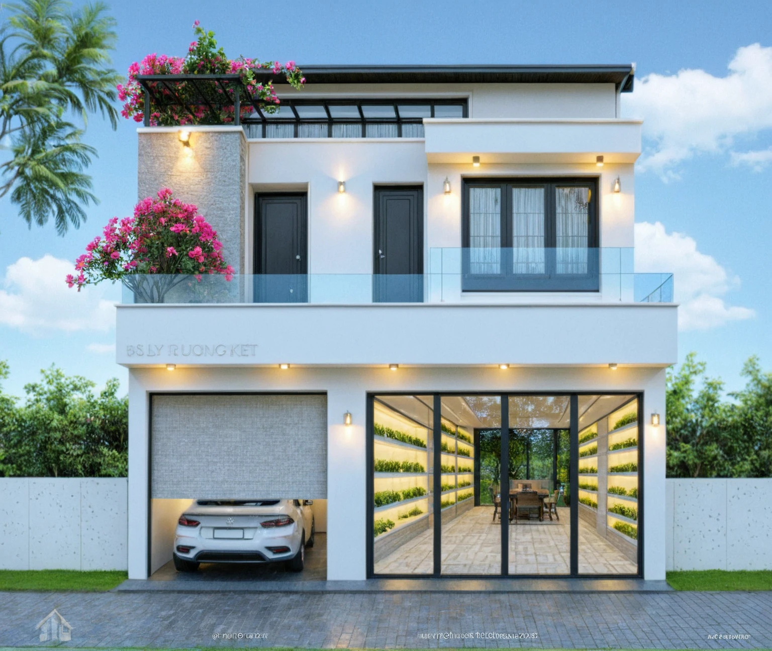 Raw photos, great products, premium, best quality, realistic, super detailed, outdoor, 2 story house, modern townhouse style, (white wall), Gray stone fence, Painted curved wall white, Curved wall facade, interior aluminum glass doors, Many bougainvillea flowers along the road, sidewalk, grass, trees, sky, clouds, (date: January 1), vivid colors, Curved plant pots painted white, wall gray tiles, gray iron box outer gate, road, sidewalk, grass, trees, sky, clouds, (daylight):1.1)