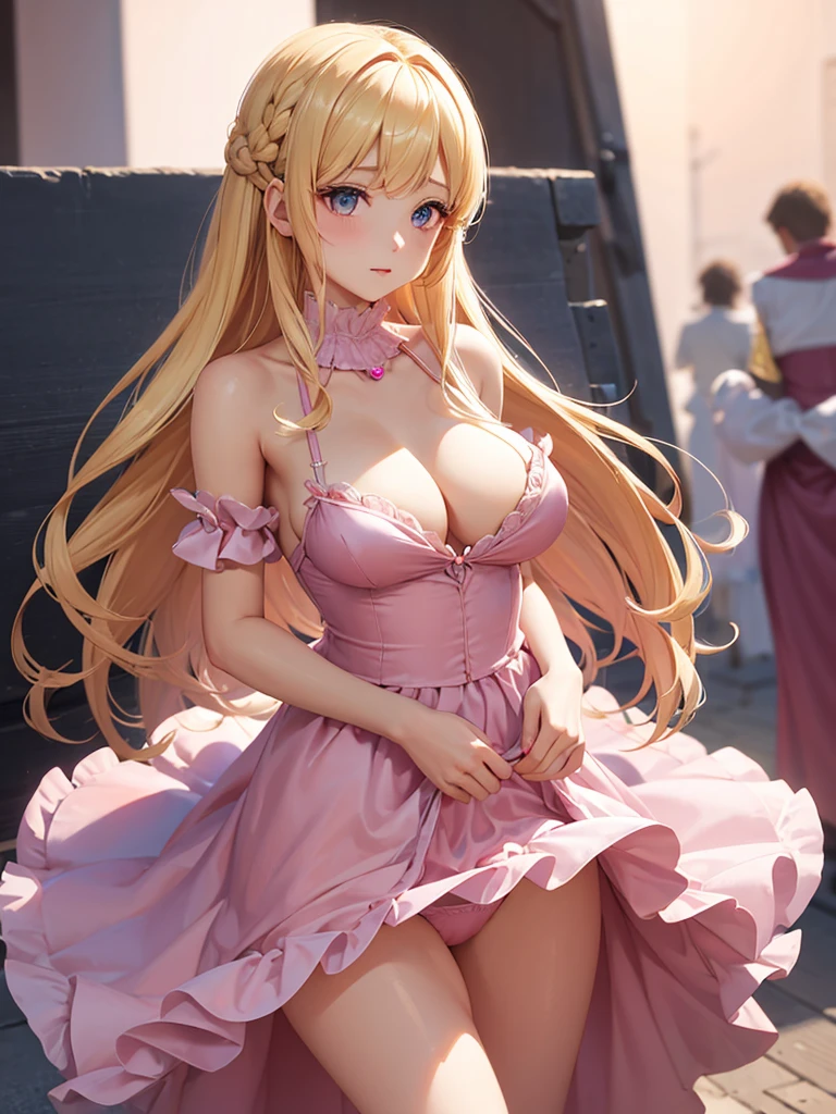 bare breasts、(satin、silk、(Pink Panties))、Highest quality, Super Fine, 16K, Incredibly absurd, Very detailed, Beautiful and cute woman, shy, Big, bright eyes, Blonde double-sided princess hairstyle, Princess-like pink ruffled long flare skirt dress, Simple color background