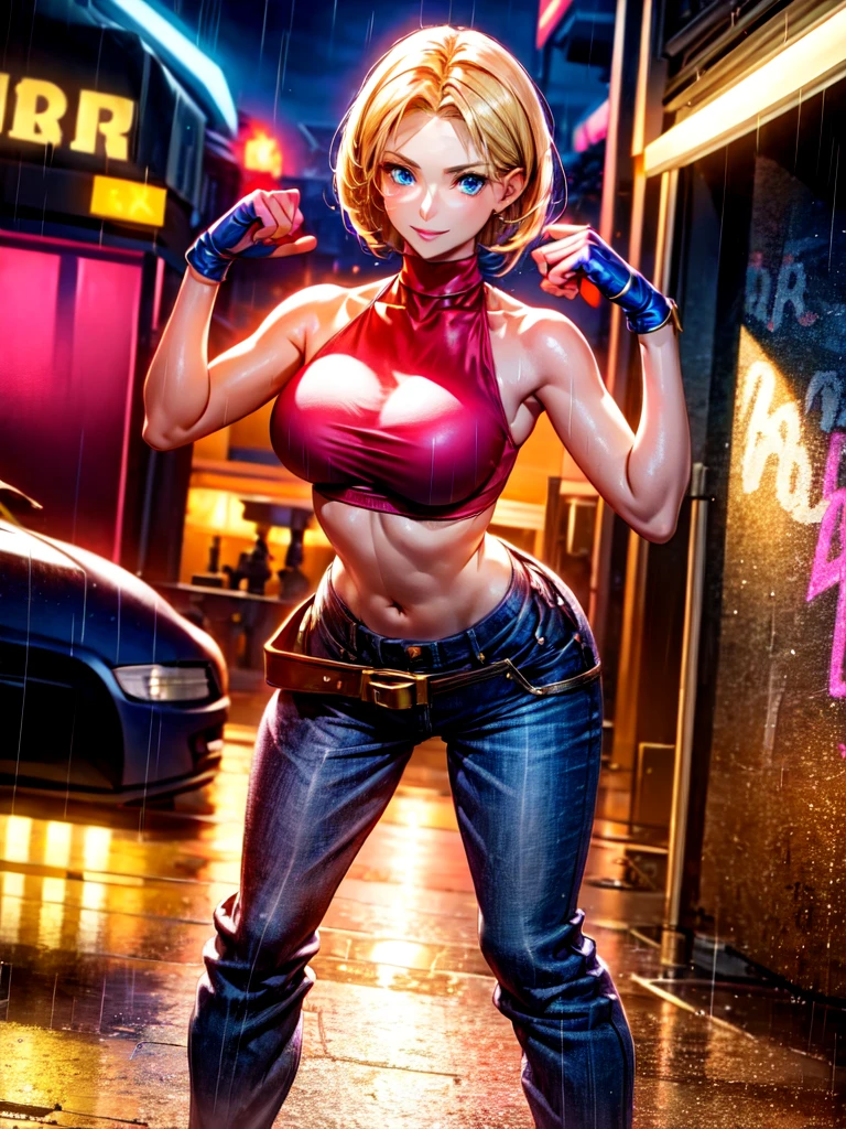 (at night), in a video game scene, a background of a beautiful city at night raining, standing at attention, red top, blue joggers, blue fingerless gloves, large brown belt hanging from her waist ((blonde hair )), 1 girl, alone, 20 years old, young woman, perfect hands, beautiful fingers, beautiful long legs, beautiful body, beautiful nose, beautiful character design, perfect face, looking at the viewer with serious gesture (focusing on her face) , closed mouth, Light_Smile, official art, extremely detailed CG unity 8k wallpaper, perfect lighting, bright and colorful front lighting, glowing skin (masterpiece: 1.0), (best_quality: 1.0), ultra high resolution, 4K, ultra photography detailed, 8K, HDR, high resolution, absurd:1.2, Kodak portra 400, film grain, blurred background, bokeh:1.2, lens flare, (vibrant_color:1.2), professional photography, (Beautiful, breasts: 1.4), ( beautiful_face: 1.5), (narrow waist),