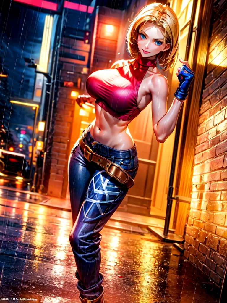 (at night), in a video game scene, a background of a beautiful city at night raining, standing at attention, red top, blue joggers, blue fingerless gloves, large brown belt hanging from her waist ((blonde hair )), 1 girl, alone, 20 years old, young woman, perfect hands, beautiful fingers, beautiful long legs, beautiful body, beautiful nose, beautiful character design, perfect face, looking at the viewer with serious gesture (focusing on her face) , closed mouth, Light_Smile, official art, extremely detailed CG unity 8k wallpaper, perfect lighting, bright and colorful front lighting, glowing skin (masterpiece: 1.0), (best_quality: 1.0), ultra high resolution, 4K, ultra photography detailed, 8K, HDR, high resolution, absurd:1.2, Kodak portra 400, film grain, blurred background, bokeh:1.2, lens flare, (vibrant_color:1.2), professional photography, (Beautiful, breasts: 1.4), ( beautiful_face: 1.5), (narrow waist),
