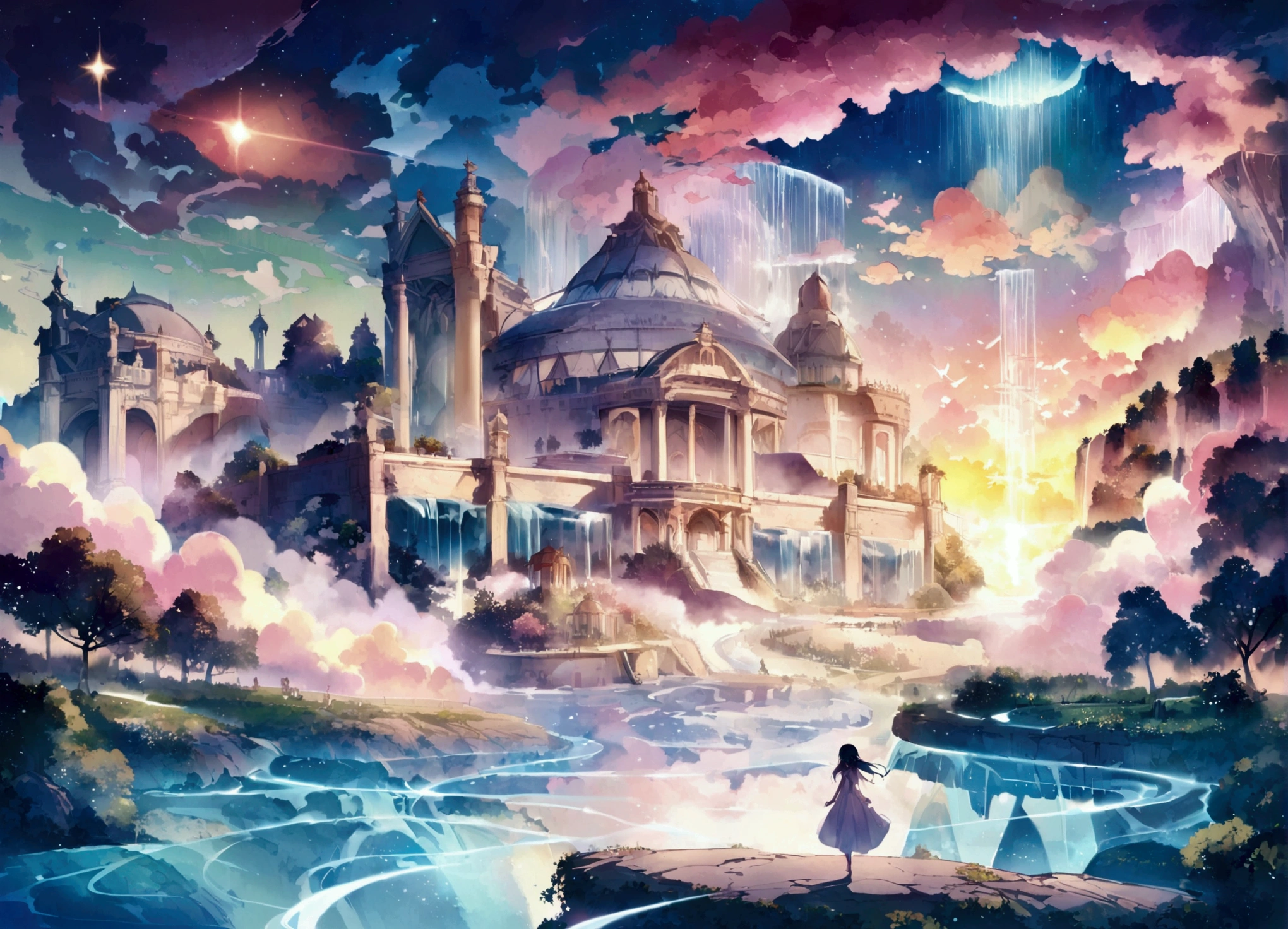 heaven, Landscape illustration, null, cloud, Shine, A palace made of white diamonds, waterfall, water flowing, Shine光の星, flying fairy angels at the null, Magic fog, Magical place, Dream world