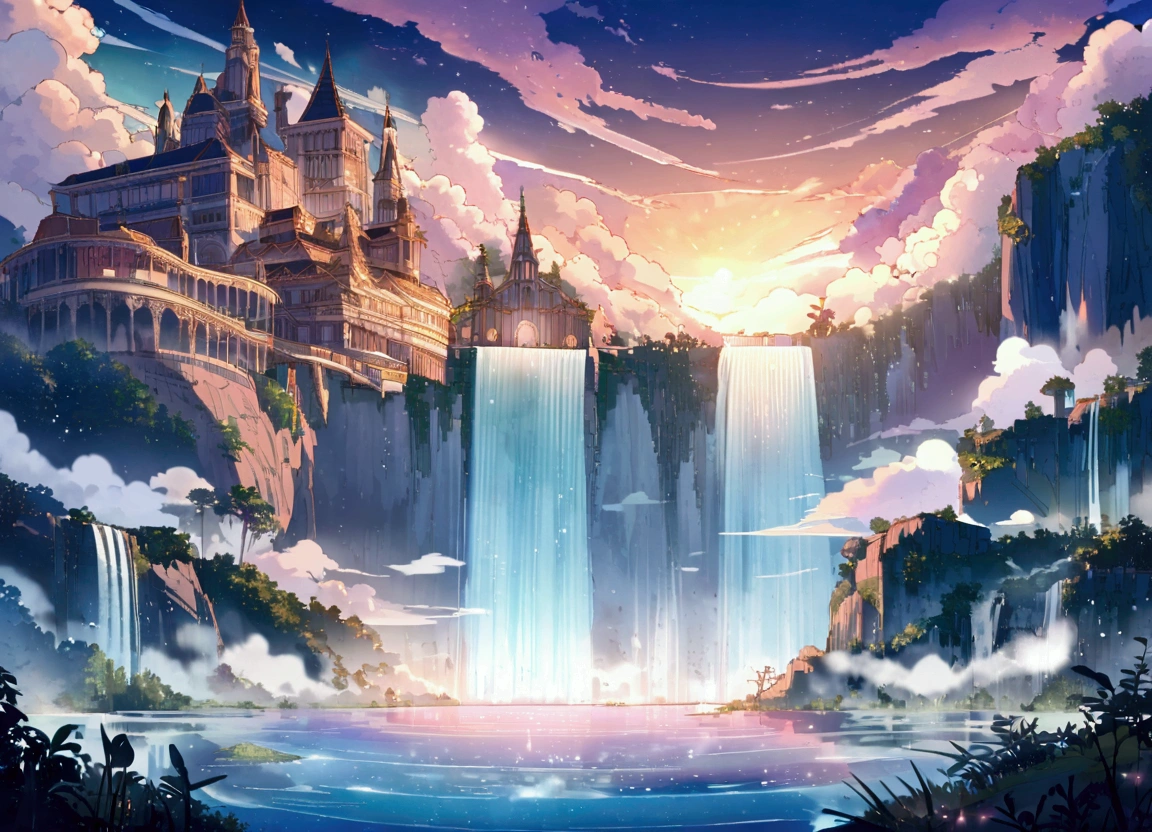 heaven, Landscape illustration, null, cloud, Shine, A palace made of white diamonds, waterfall, water flowing, Shine光の星, flying fairy angels at the null, Magic fog, Magical place, Dream world