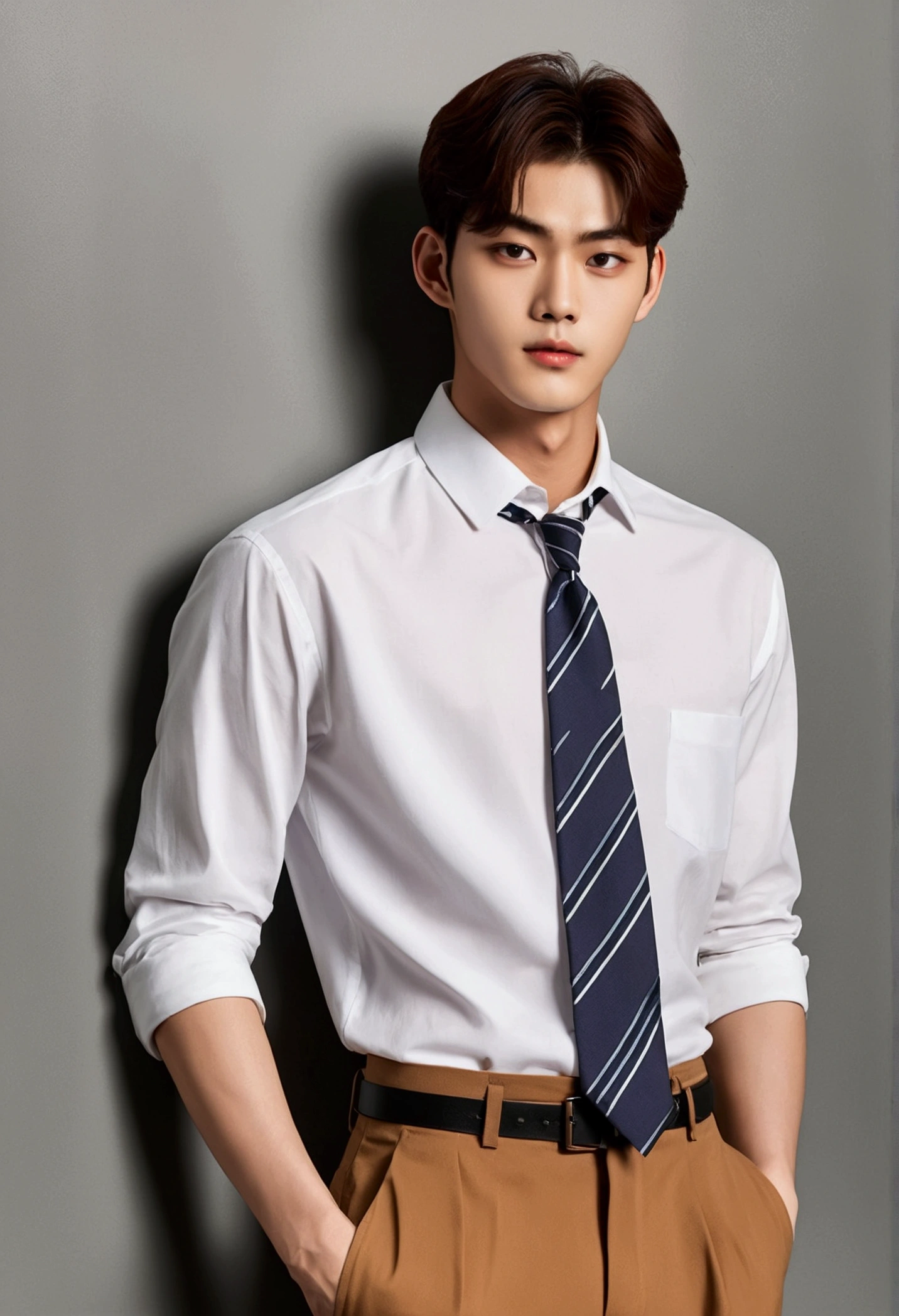 A charming sexy man, 18 years old, stands confidently in a casual , his shirt, , unbuttoned, crooked tie, showcasing a physique that exudes strength. With features reminiscent of Cha Eun Woo's flawless visage, his striking face and captivating eyes exude a sense of allure. A shy smile graces the corner of his lips, hinting at a playful nature. This evocative image, whether captured in a photograph or painted with meticulous detail, radiates a sense of perfection and allure. His presence on the canvas or in the frame is captivating, drawing viewers in with his magnetic charm and undeniable appeal.