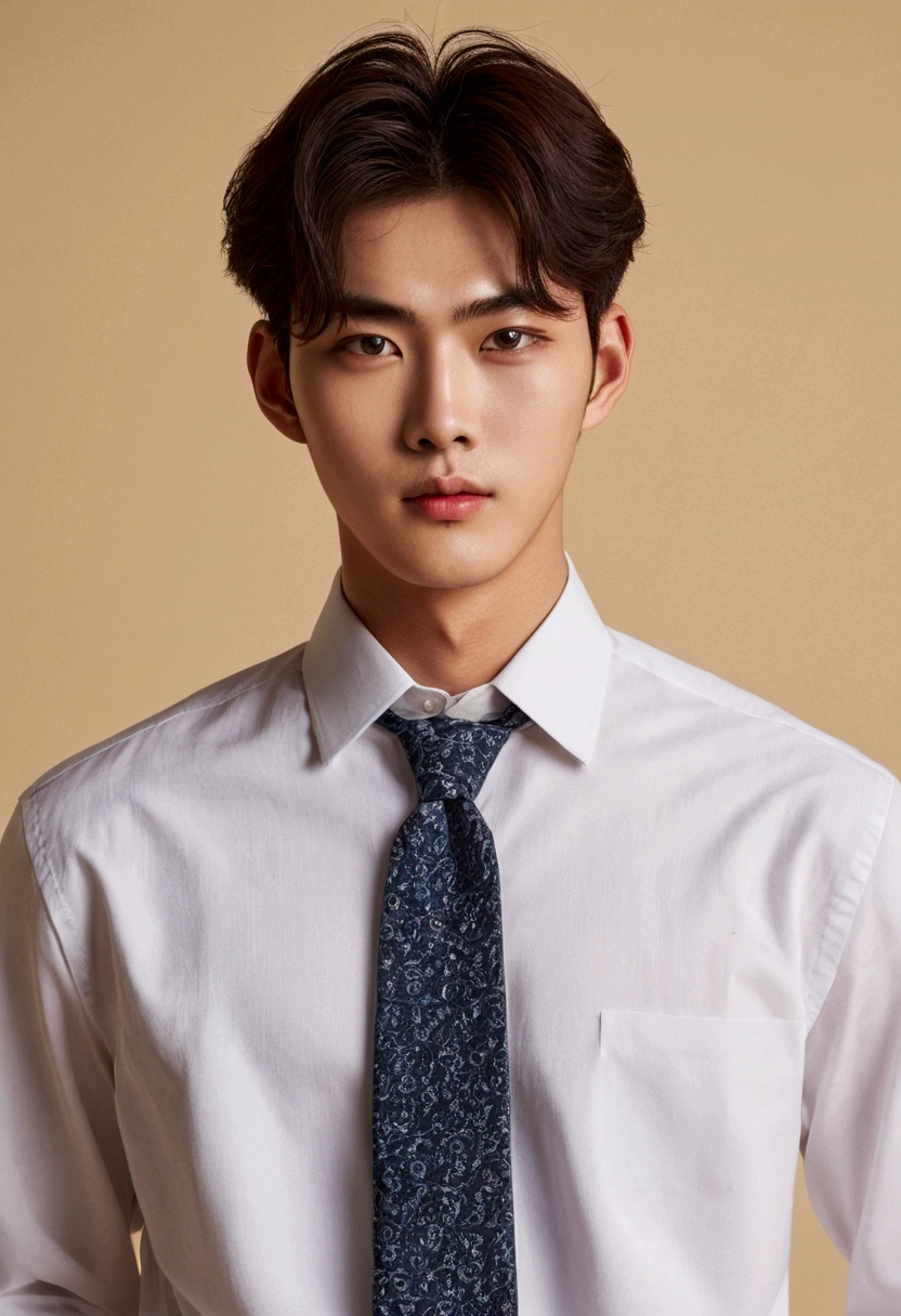 A charming sexy man, 18 years old, stands confidently in a casual , his shirt, , unbuttoned, crooked tie, showcasing a physique that exudes strength. With features reminiscent of Cha Eun Woo's flawless visage, his striking face and captivating eyes exude a sense of allure. A shy smile graces the corner of his lips, hinting at a playful nature. This evocative image, whether captured in a photograph or painted with meticulous detail, radiates a sense of perfection and allure. His presence on the canvas or in the frame is captivating, drawing viewers in with his magnetic charm and undeniable appeal.