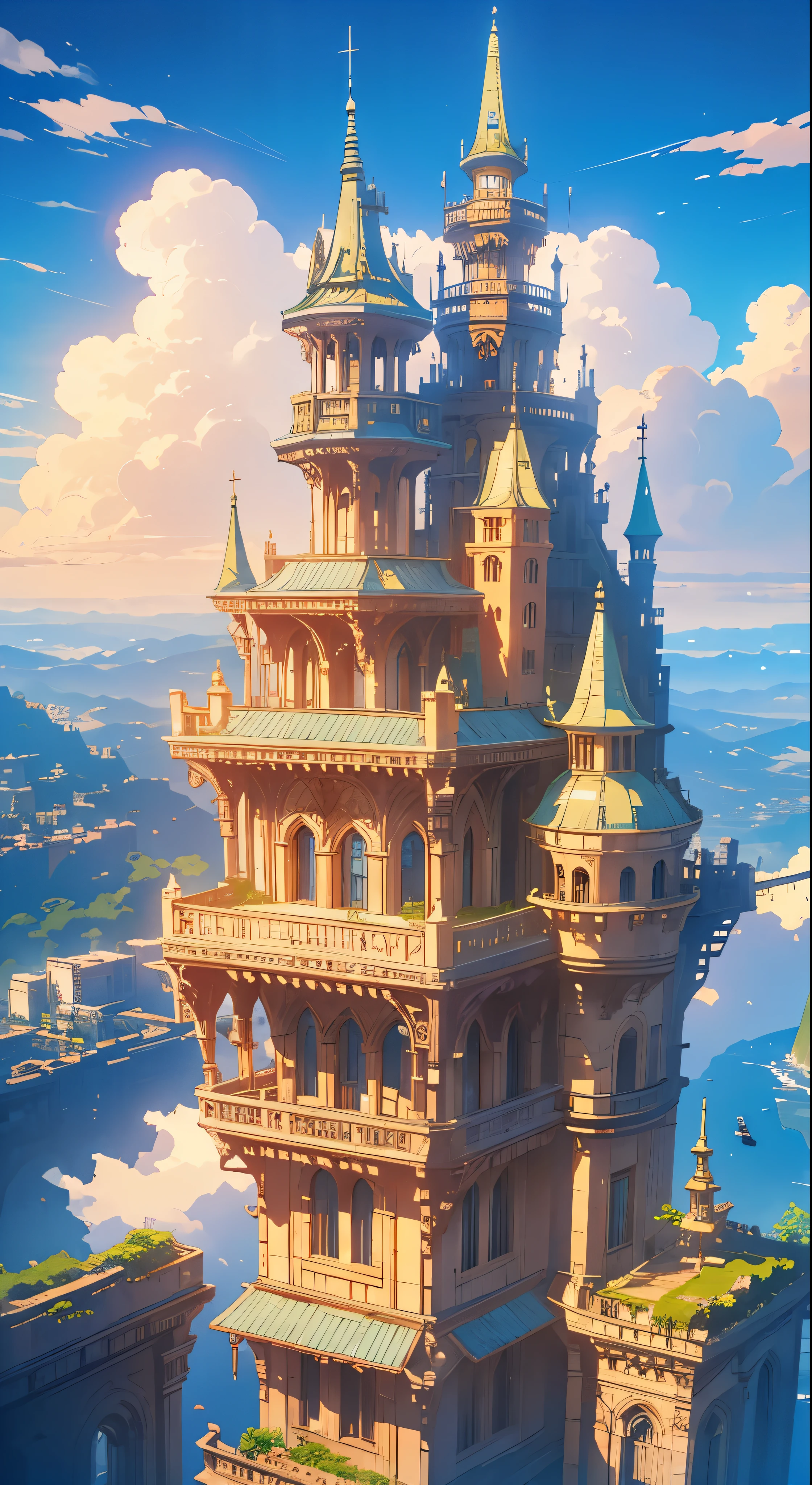 super detail, high details, high quality, 8k, Miyazaki style, a steampunk-style city floating in the sky, clouds and diverse architecture, exuding mystery and technology --v 6