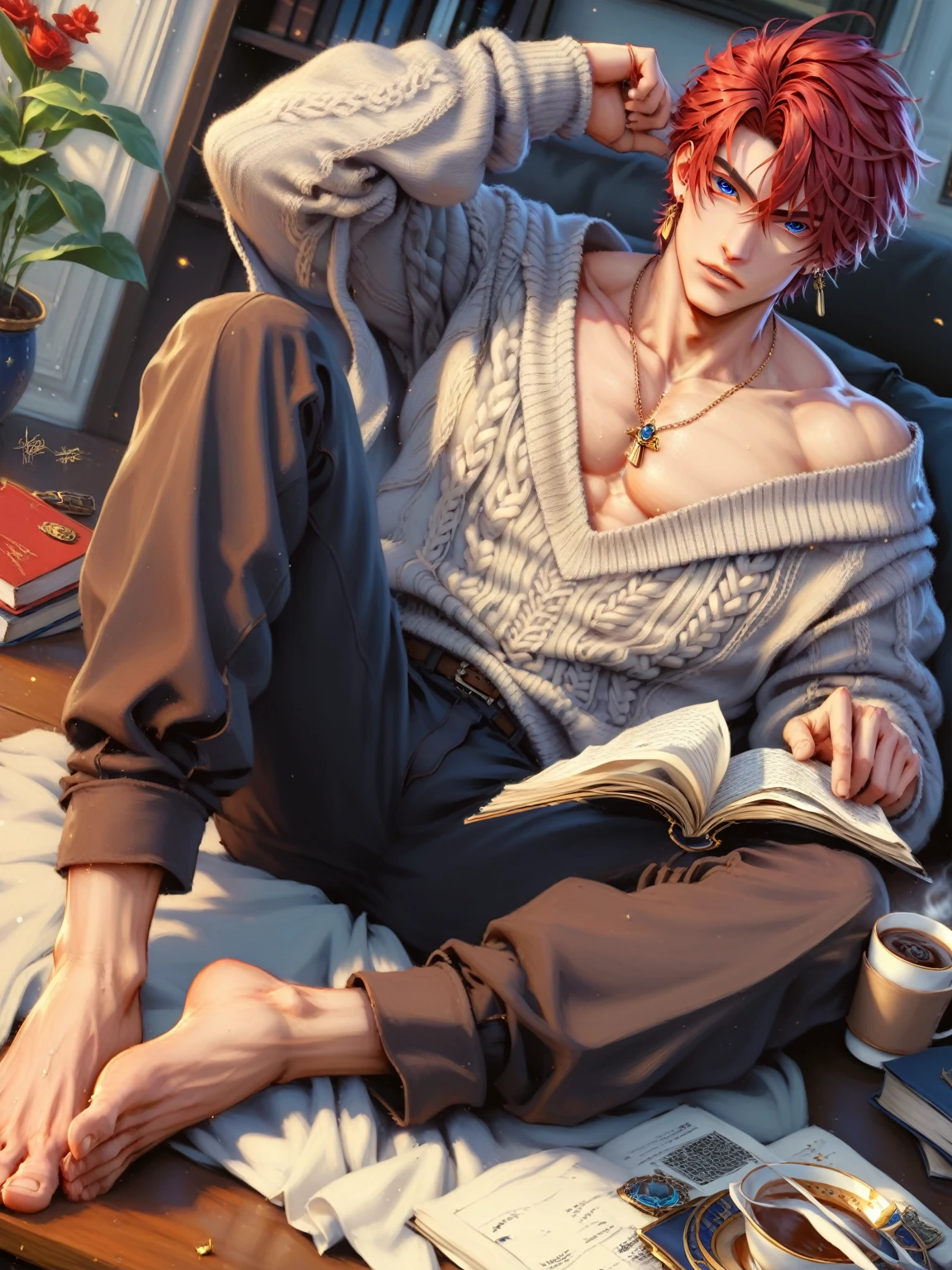 absurdities, High resolution, ultra detailed, HdR, masterpiece, Extremely detailed face and eyes, Red hair, disheveled, fringe, bushy eyebrows, White skin, serious, expressive blue eyes, detailed eyes, LOOKING AT THE SPECTATOR, 1 man, 30 year old man, Red hair, rasgos masculines, elegant, magical clothes with golden details, masculine, sorcery clothing, coffee tones clothing, archeology background, brown pants, Coffee sweater, egyptian theme, Complete plan