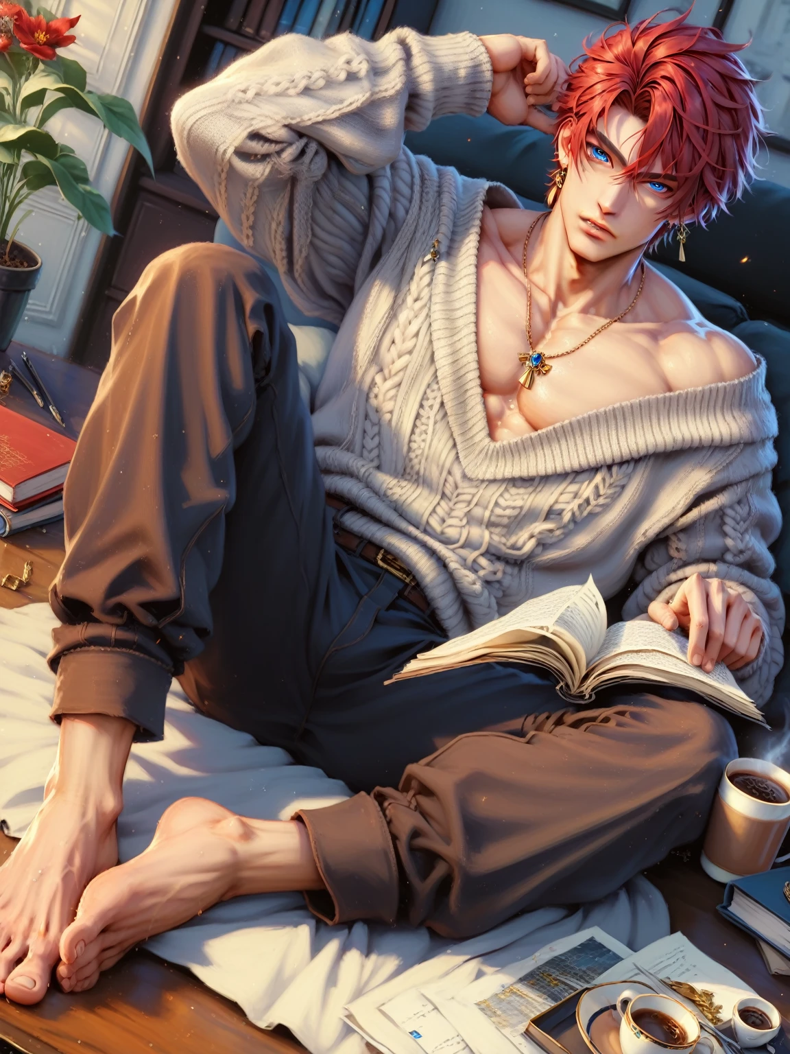 absurdities, High resolution, ultra detailed, HdR, masterpiece, Extremely detailed face and eyes, Red hair, disheveled, fringe, bushy eyebrows, White skin, serious, expressive blue eyes, detailed eyes, LOOKING AT THE SPECTATOR, 1 man, 30 year old man, Red hair, rasgos masculines, elegant, magical clothes with golden details, masculine, sorcery clothing, coffee tones clothing, archeology background, brown pants, Coffee sweater, egyptian theme, Complete plan