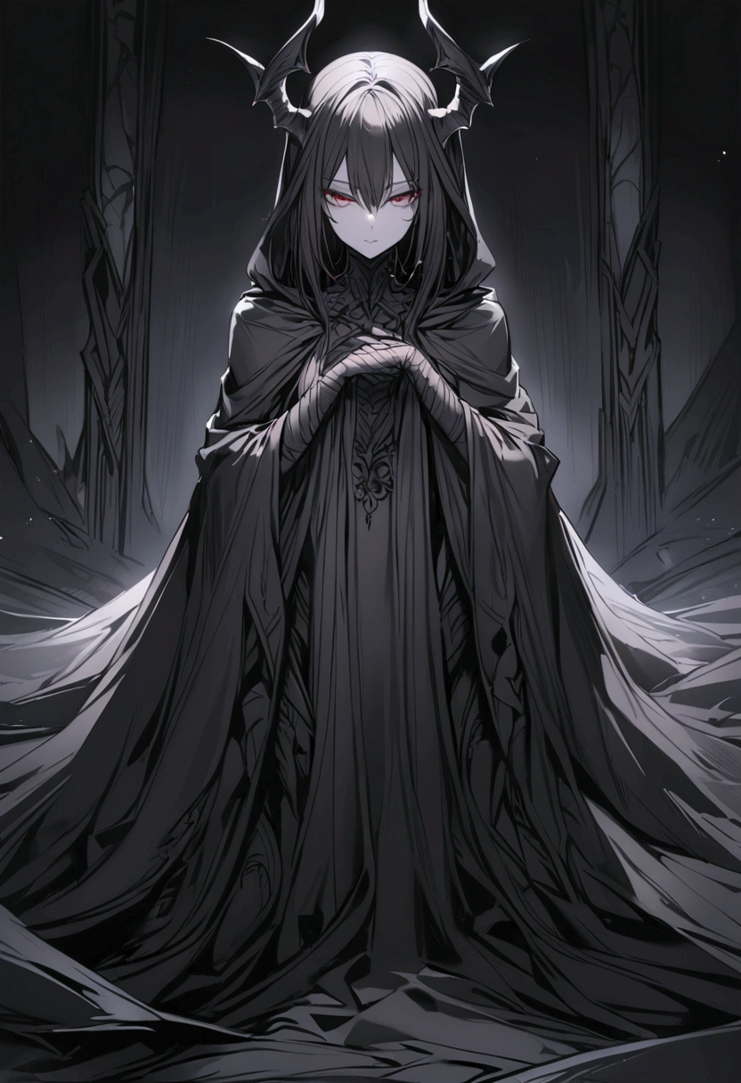 a female demon wrapped in a black cloak of darkness 