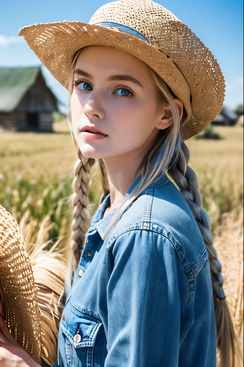 (4K), (Highest quality), (Best details), (Realistic)、Clear skies、Intense sunlight、Endless cornfields of the Great Plains、Abandoned hut、Beautiful American girl、Silver Hair、Blue Eyes、Straw hat、Denim clothing、Frugal makeup、