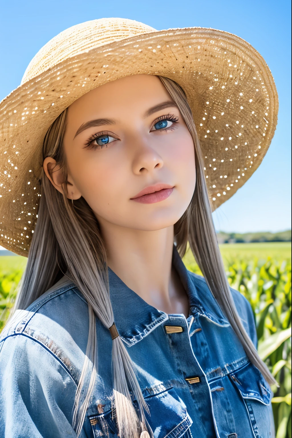(4K), (Highest quality), (Best details), (Realistic)、Clear skies、Intense sunlight、Endless cornfields of the Great Plains、Beautiful American girl、Silver Hair、Blue Eyes、Straw hat、Denim clothing、Frugal makeup、