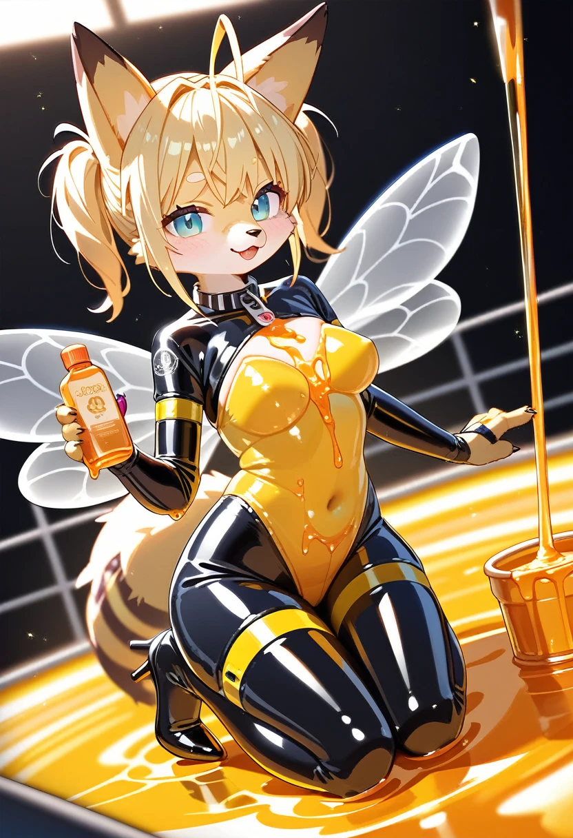 Highest quality, Highest quality, High quality illustrations, masterpiece, Ultra-high resolution, Detailed Background, Honey Pool, Absurd, Perfect Anatomy, performance, Good lighting, Shadows in the movies(kemono, Furry Personifi猫ion), fox, Rubber Suit, Honey Latex, Honey lotion, neon, neonカラー, cyber punk, Bee costume, Bee Cosplay, Rubber bee tail, Bee Wings, enamel, Honey Pool, Honey lotionを浴びている, Covered in honey slime, Kneeling, Tattoo, High heels, Dynamic Angle