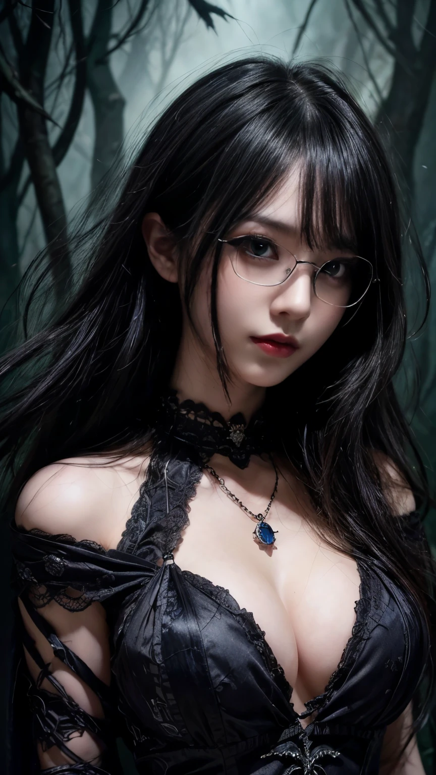 (Highest quality,4K,8k,High resolution,masterpiece:1.2),Very detailed,(Realistic,photoRealistic,photo-Realistic:1.37), Close-up of a woman with dark hair and wearing a black dress, Dark Eyes,an ominous笑顔,((((Glasses))))、((((big sapphire necklace))))、Evil Aura,Burning Flames,Soul Corruption,Dark Shadows,an ominous雰囲気,Strange symbols,Cursed Land,Eternal Darkness,Unforgettable are present,Intimidating person,Grotesque features,Horror Scene,twisted reality,Scary atmosphere,A wonderful work of art,Evil Unleashed,Supernatural horror,Spooky art,nightmare fuel,Terrifyingly clear,Abstract fear,Terrifyingly beautiful,masterpiece,Fear incarnate,Shadow Chaos,are present,to be born々Shii Darkness,in style of Dark Fantasy Art, Dark Fantasy Art, Beautiful and elegant queen of darkness, Dark Fantasy Art, Fantasy Dark Art, Dark fantasy digital art, Gothic fantasy art, Gothic Dark Maiden, Detailed Texture,Spooky creatures,an ominous雰囲気,Mythical,Space horror,darkness,mysterious,Dark aesthetic,Fog Background,Eyes of another world,Ancient Gods々々々々々々々, Powerful wizard, mysteriousStanding in the woods. A loose robe decorated with symbols, Arms stretched out, Powerful,Tentacles,Pitch black blackness,Majestic,Unfathomable depth,nightmare,The are present of the universe,an ominousare present,seeping darknesss,Secrets of the Universe, (Spooky atmosphere), (((Dramatic Shadows), (Dynamic pose), ((Artistically expressed)), ((charm), (Gothic), (mysterious Setting), (Moody color palette), (Skillfully drawn), (sense of unease), (Intricate details), (an ominous smile), (an ominous), (charm eyes), (Horror elements), (charm composition), (Impressive anatomy),(Striking contrast))), (Interesting character designs)、Dark Fantasy Portrait, Portrait of the Dark Goddess,