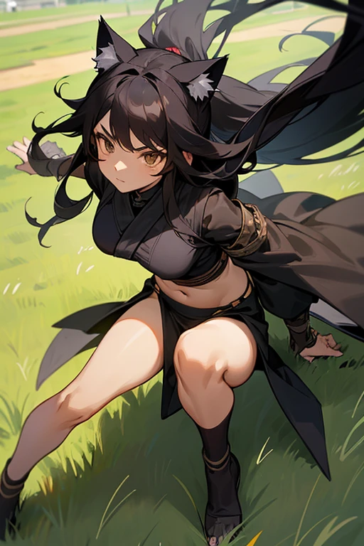 woman, cat ears, long hair, black hair with brown tips, brown eyes, her clothes are ninja clothes, her clothes have brown outlines, her clothes show her belly, she wears a black mask, gloves without the spikes in her hands, the scenery and the green grass, she is lying on the grass, and the angle is looked at from above.