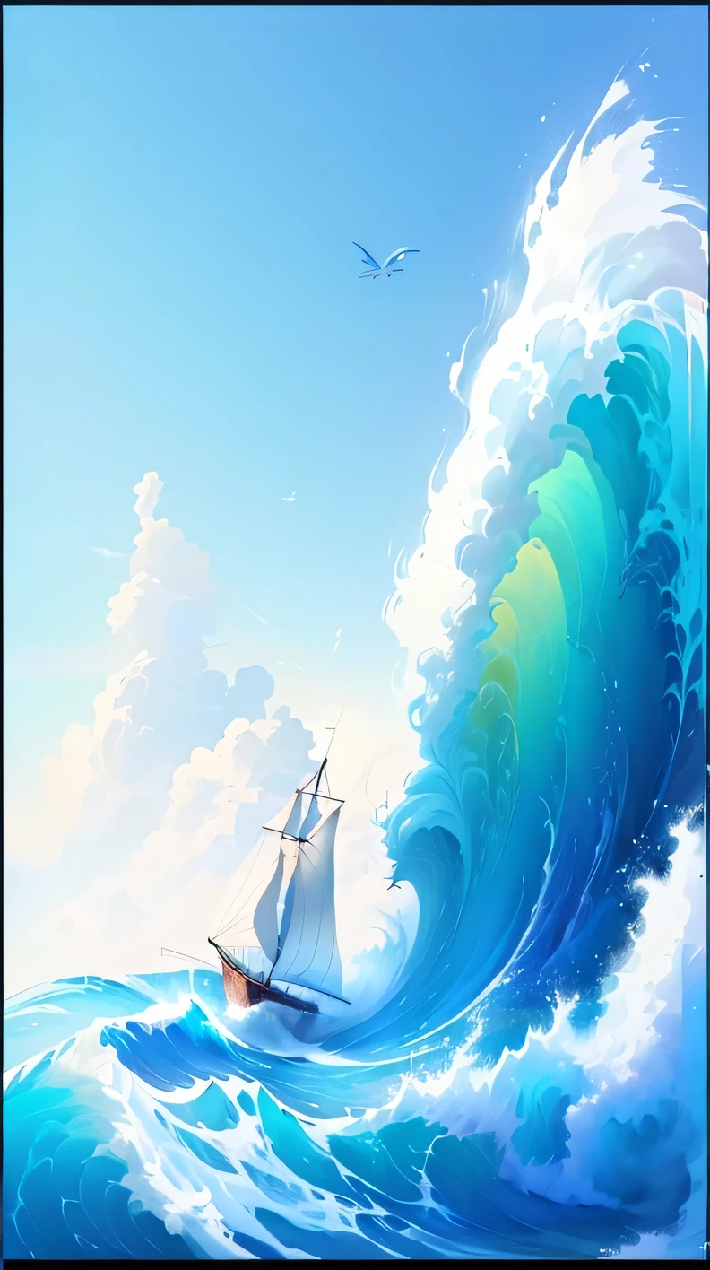 A painting depicting a sailboat sailing on huge waves and a blue sky, riding the wave, Amazing wallpapers, Breeze Background, Cyril Rolando (Cyril Rolando) of inspiration, 4k hd illustration wallpaper, fast, Desktop Wallpapers, high quality Desktop Wallpapers, Rough Seas, A beautiful artistic illustration, Stylized digital illustration, Vaporwave, Cyril Rolandor style
