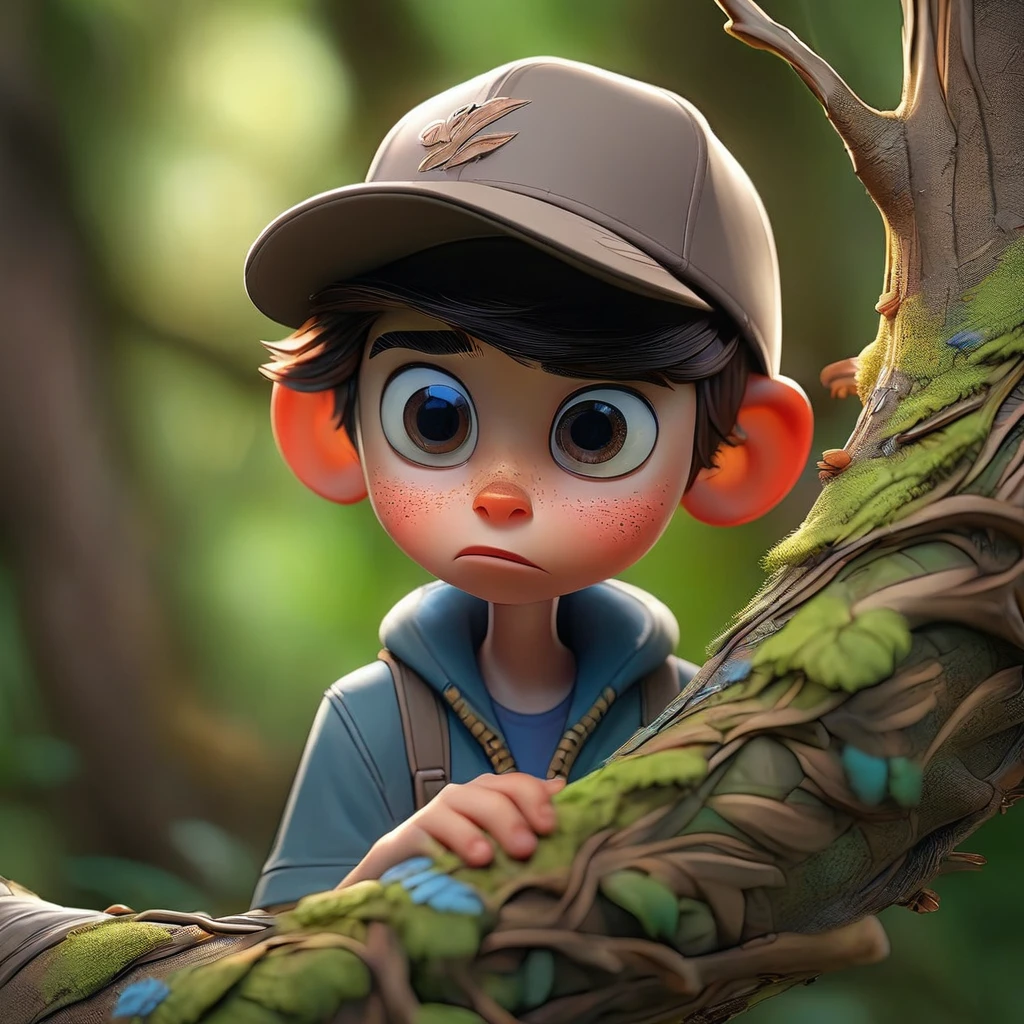 Boy wearing cap, in the curious forest, looking at an empty nest glued to the tree branch (Masterpiece artwork: 2.1) (realisitic: 1.2) (bokeh) (best qualityer) (skin detailed: 1.3) (details Intricate) (8k) (Detail eyes) (sharp focus) 2.1