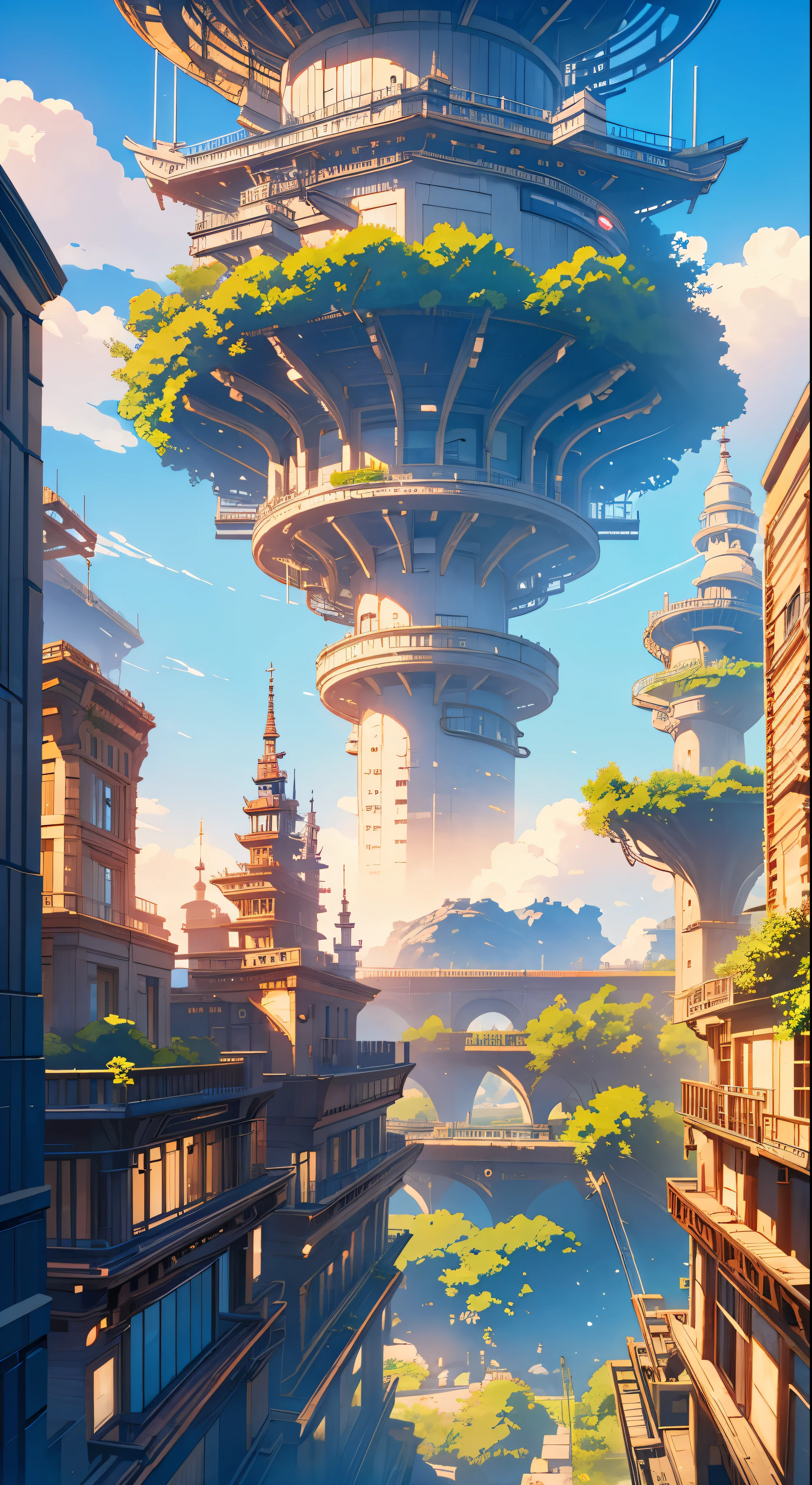 super detail, high details, high quality, 8k, Miyazaki style, a steampunk-style city floating in the sky, clouds and diverse architecture, exuding mystery and technology --v 6