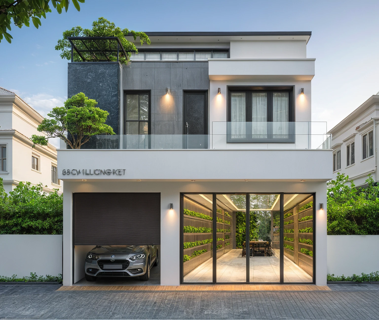 modern villa on street, (daylight), tropical tree, green shrub and plants, vivid color, streetcapes, minimalist design, brigth grey tone, large glass door, warm interior lighting, modern material, best quality, ultra realistic, masterpiece, 17ArchiAI_XL_VL-v1