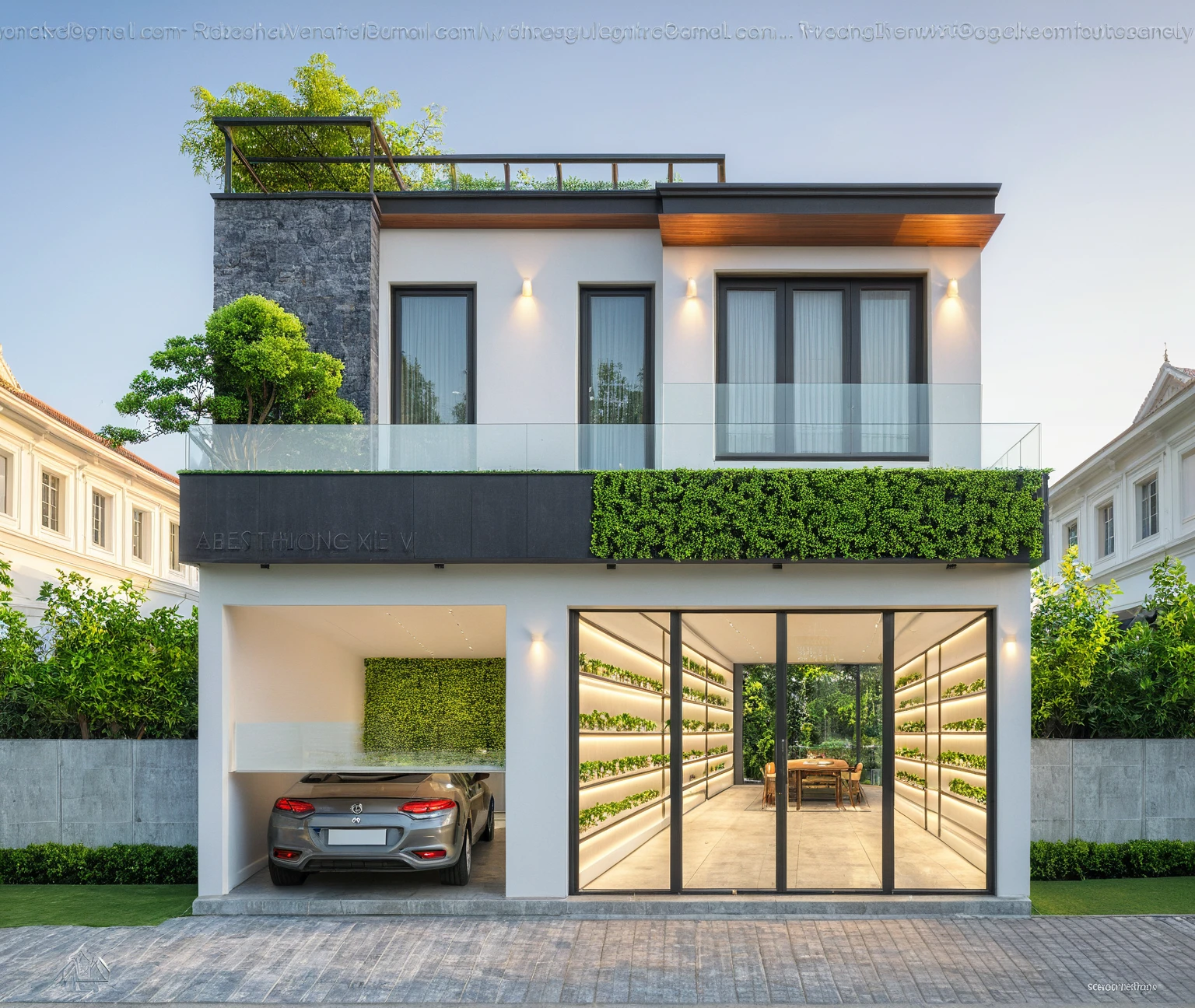 modern villa on street, (daylight), tropical tree, green shrub and plants, vivid color, streetcapes, minimalist design, brigth grey tone, large glass door, warm interior lighting, modern material, best quality, ultra realistic, masterpiece, 17ArchiAI_XL_VL-v1