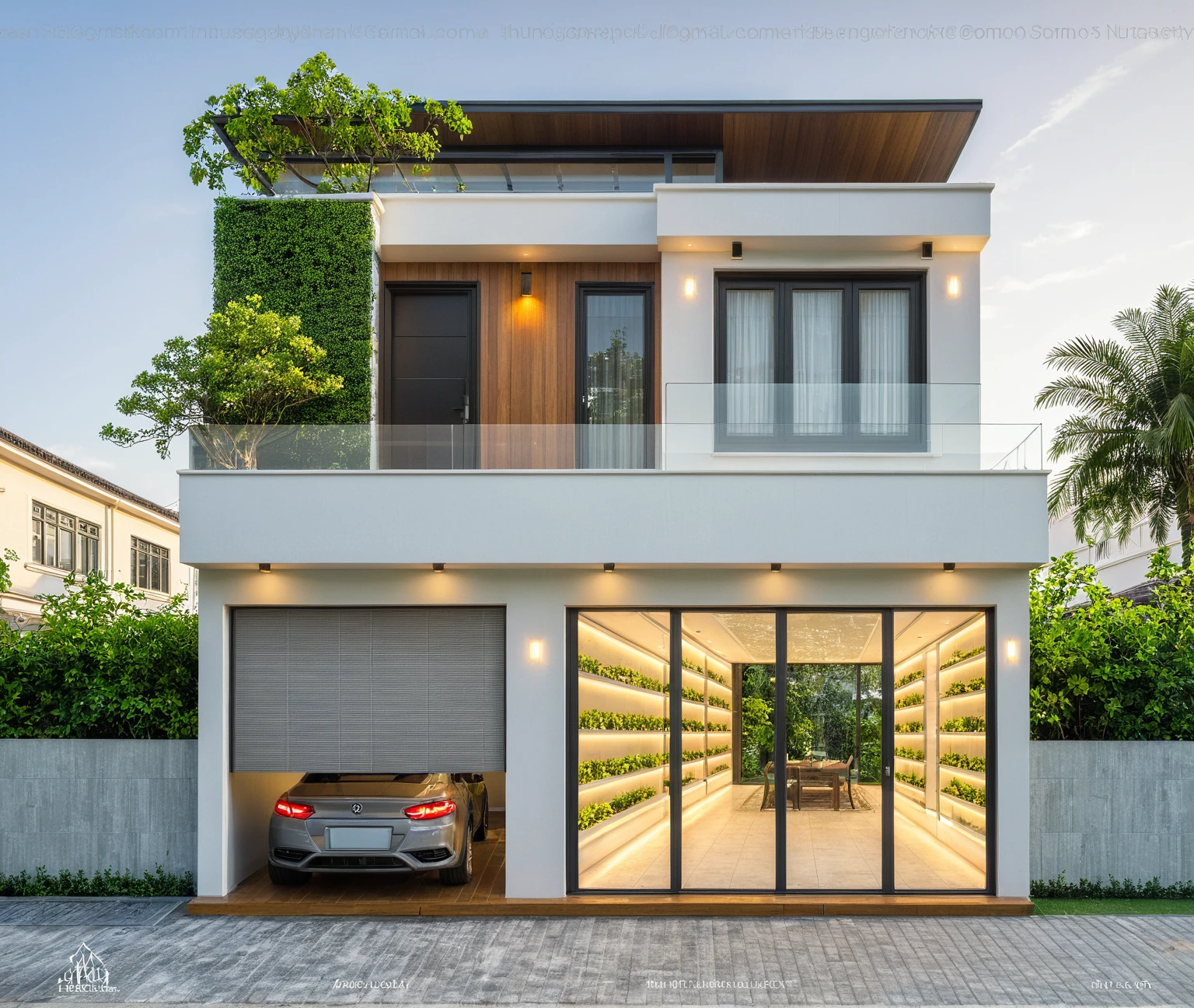 modern villa on street, (daylight), tropical tree, green shrub and plants, vivid color, streetcapes, minimalist design, brigth grey tone, large glass door, warm interior lighting, modern material, best quality, ultra realistic, masterpiece, 17ArchiAI_XL_VL-v1