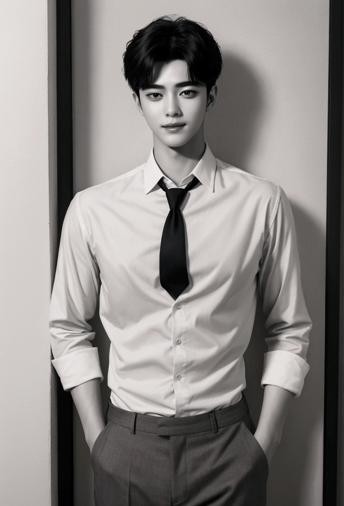 A charming sexy man, 18 years old, stands confidently in a casual , his shirt, , unbuttoned, crooked tie, showcasing a physique that exudes strength. With features reminiscent of Cha Eun Woo's flawless visage, his striking face and captivating eyes exude a sense of allure. A shy smile graces the corner of his lips, hinting at a playful nature. This evocative image, whether captured in a photograph or painted with meticulous detail, radiates a sense of perfection and allure. His presence on the canvas or in the frame is captivating, drawing viewers in with his magnetic charm and undeniable appeal.