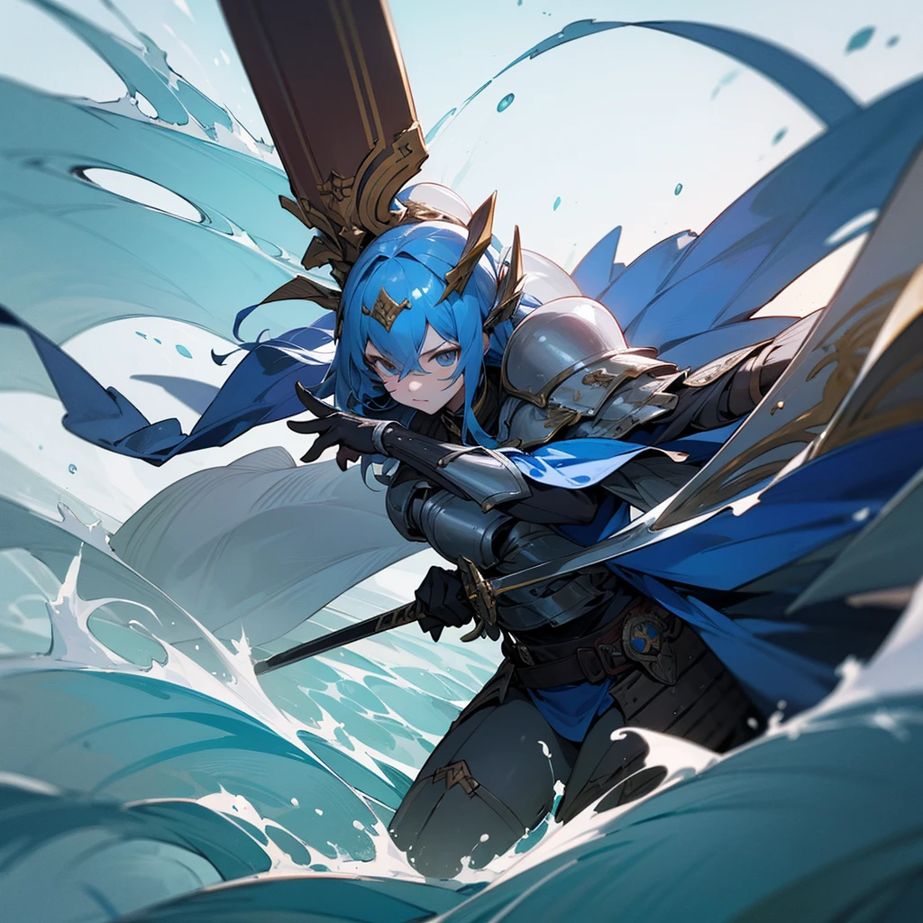 high resolution、A warrior inspired by the sea。armor、sword、blue