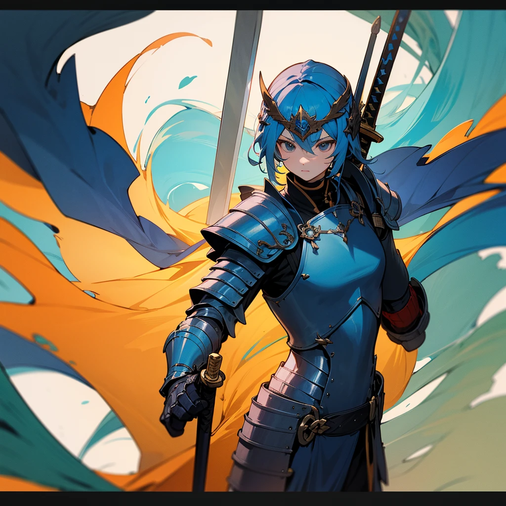 high resolution、A warrior inspired by the sea。armor、sword、blue