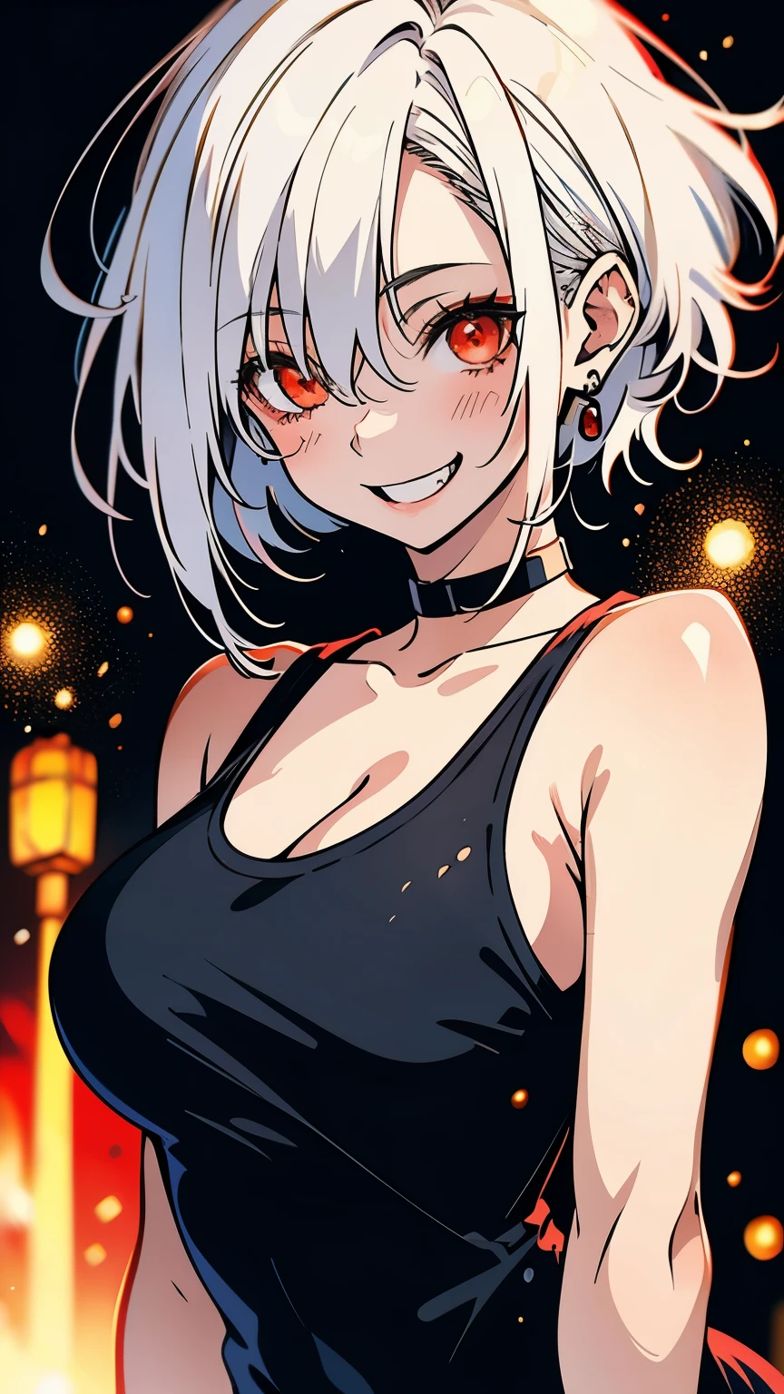 best quality, realistic:1.37, ultra-detailed, an anime girl in the summer, white hair, short hair, tomboy hair, red eyes, detailed eyes, beautiful, smile, laugh, bright smile, charming, black tank top, large breasts