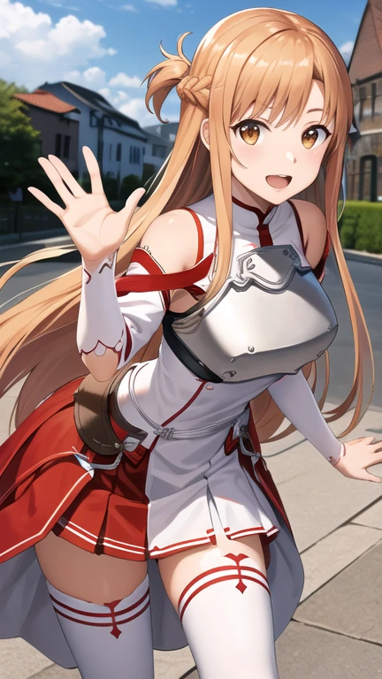 masterpiece, best quality, highres, aaasuna, long hair, brown hair, braid, brown eyes, bare shoulders, armor, breastplate, white sleeves, detached sleeves, red skirt, pleated skirt, white thighhighs, waving, smile, leaning forward, open mouth, town, fantasy