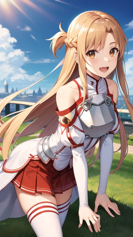 masterpiece, best quality, highres, aaasuna, long hair, brown hair, braid, brown eyes, bare shoulders, armor, breastplate, white sleeves, detached sleeves, red skirt, pleated skirt, white thighhighs, waving, smile, leaning forward, open mouth, town, fantasy