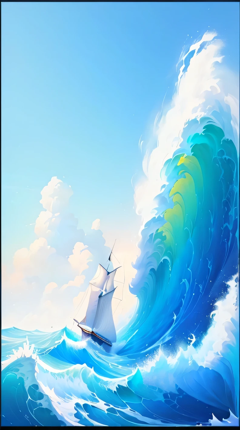 A painting depicting a sailboat sailing on huge waves and a blue sky, riding the wave, Amazing wallpapers, Breeze Background, Cyril Rolando (Cyril Rolando) of inspiration, 4k hd illustration wallpaper, fast, Desktop Wallpapers, high quality Desktop Wallpapers, Rough Seas, A beautiful artistic illustration, Stylized digital illustration, Vaporwave, Cyril Rolandor style
