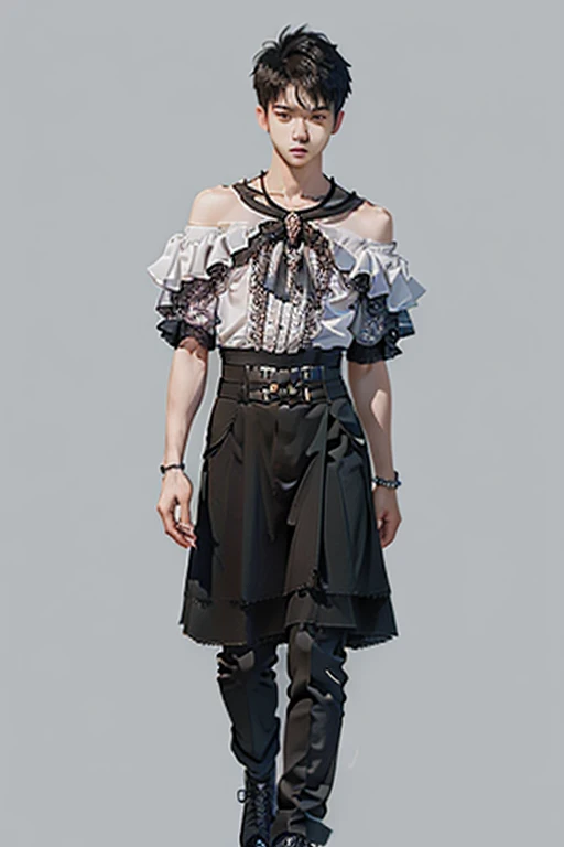 Young man wearing dress , very small spikey boyish haircut , hot man , full body, off shoulder, bamboo design 