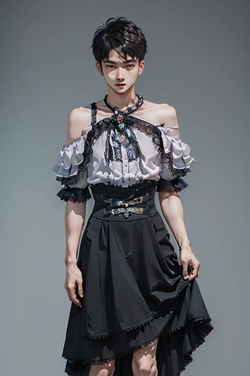 Young man wearing dress , very small spikey boyish haircut , hot man , full body, off shoulder, bamboo design