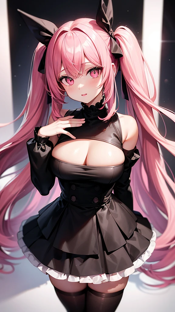 (Highest quality,high resolution,Ultra-detailed,girl),black tights,Pink Hair,Height: 160cm,cute,Pink Eyes,Twin tails,Big Breasts,wearing a black dress,Her eyes are white and shining,Has bright white eyes,Looking at me with a bright face,