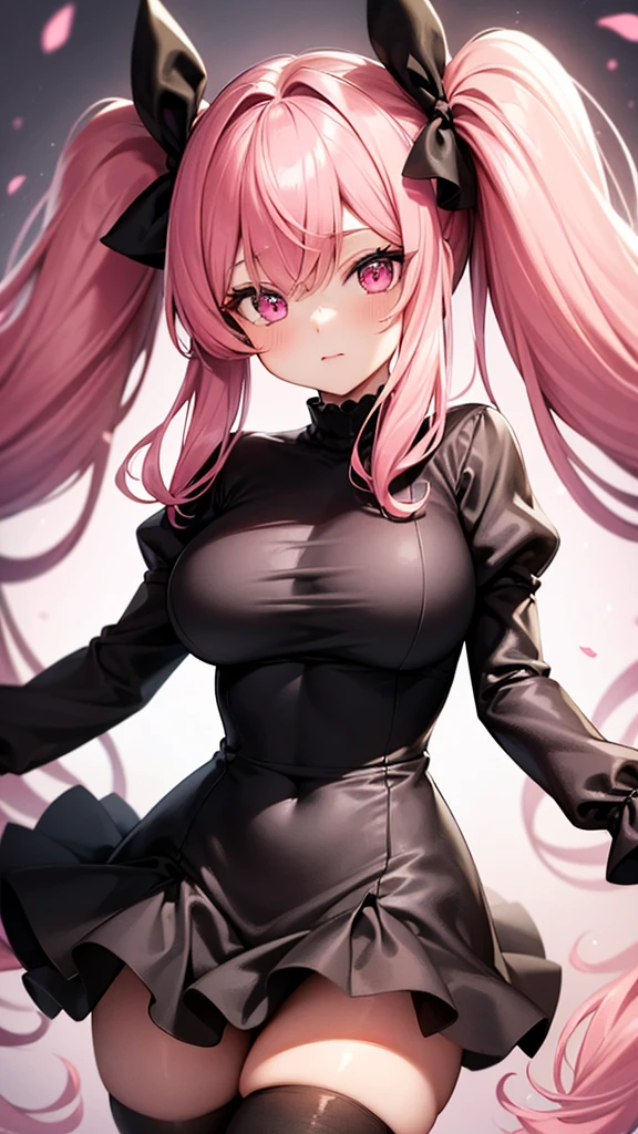 (Highest quality,high resolution,Ultra-detailed,girl),black tights,Pink Hair,Height: 160cm,cute,Pink Eyes,Twin tails,Big Breasts,wearing a black dress,Her eyes are white and shining,Has bright white eyes,Looking at me with a bright face,