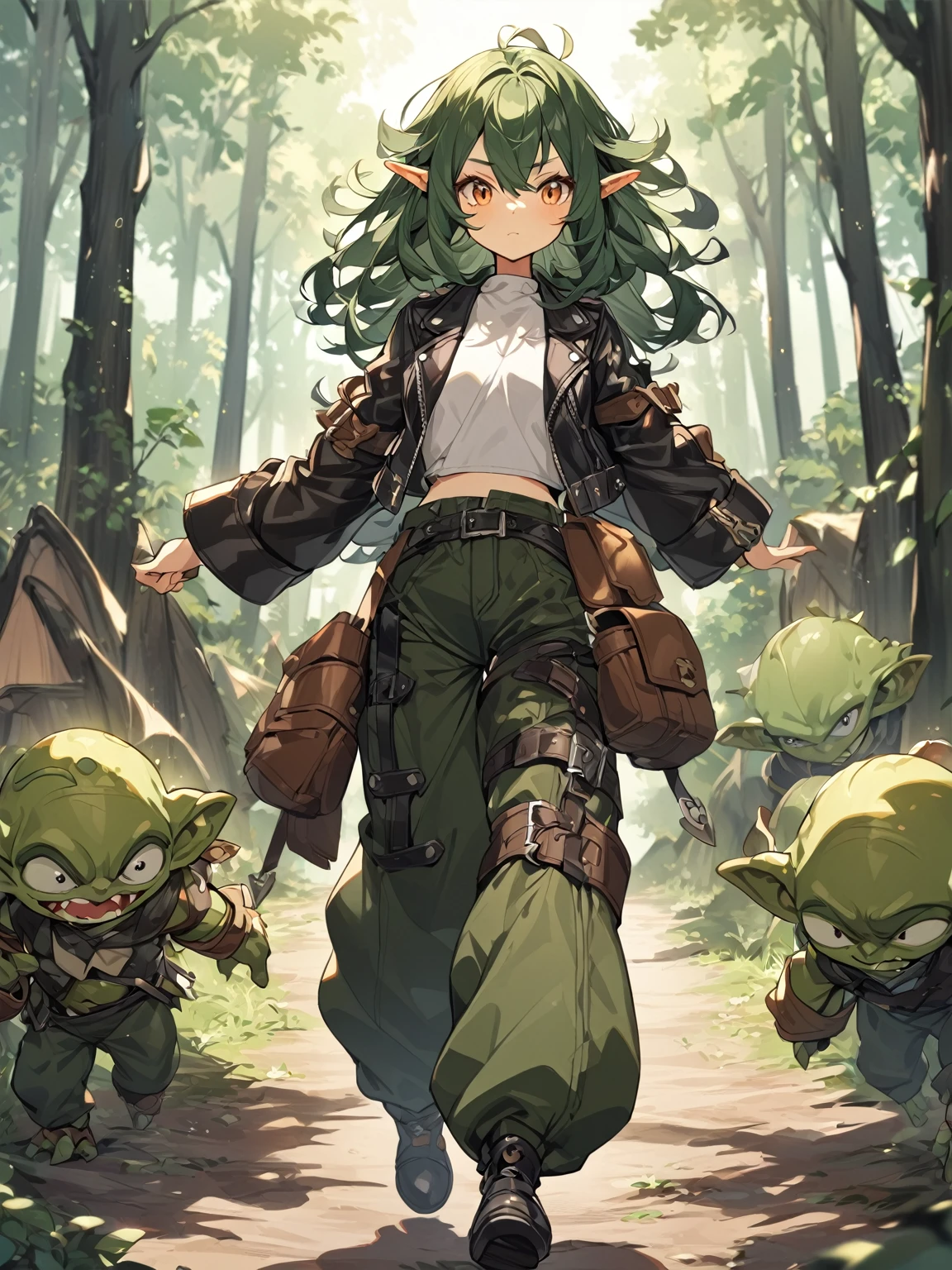 1girl, forest background, goblin girl, long fabric pants, small leather jacket, symmetrical ribbons on arms, long black messy hair, facing the viewer, curious expression, walking