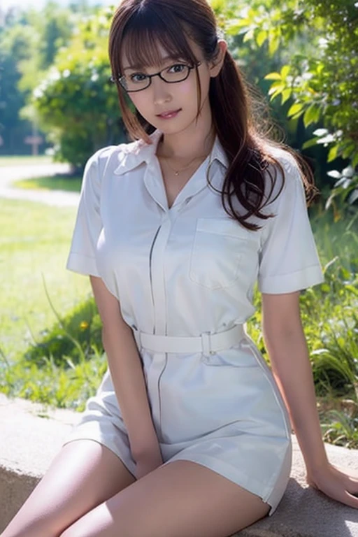 Highest quality、masterpiece、High sensitivity、High resolution、Detailed Description、Slender women、Glasses、nurse、Thin thighs、